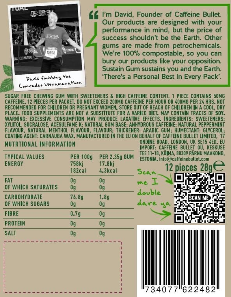 Sustain Caffeine Gum - Natural Mint Energy. 72 Pieces, 50 Mg Each - Biodegradable, Sugar-Free, Contains Xylitol, Plant-Based & Plastic Free with No Aspartame - 6 Packets image number 2