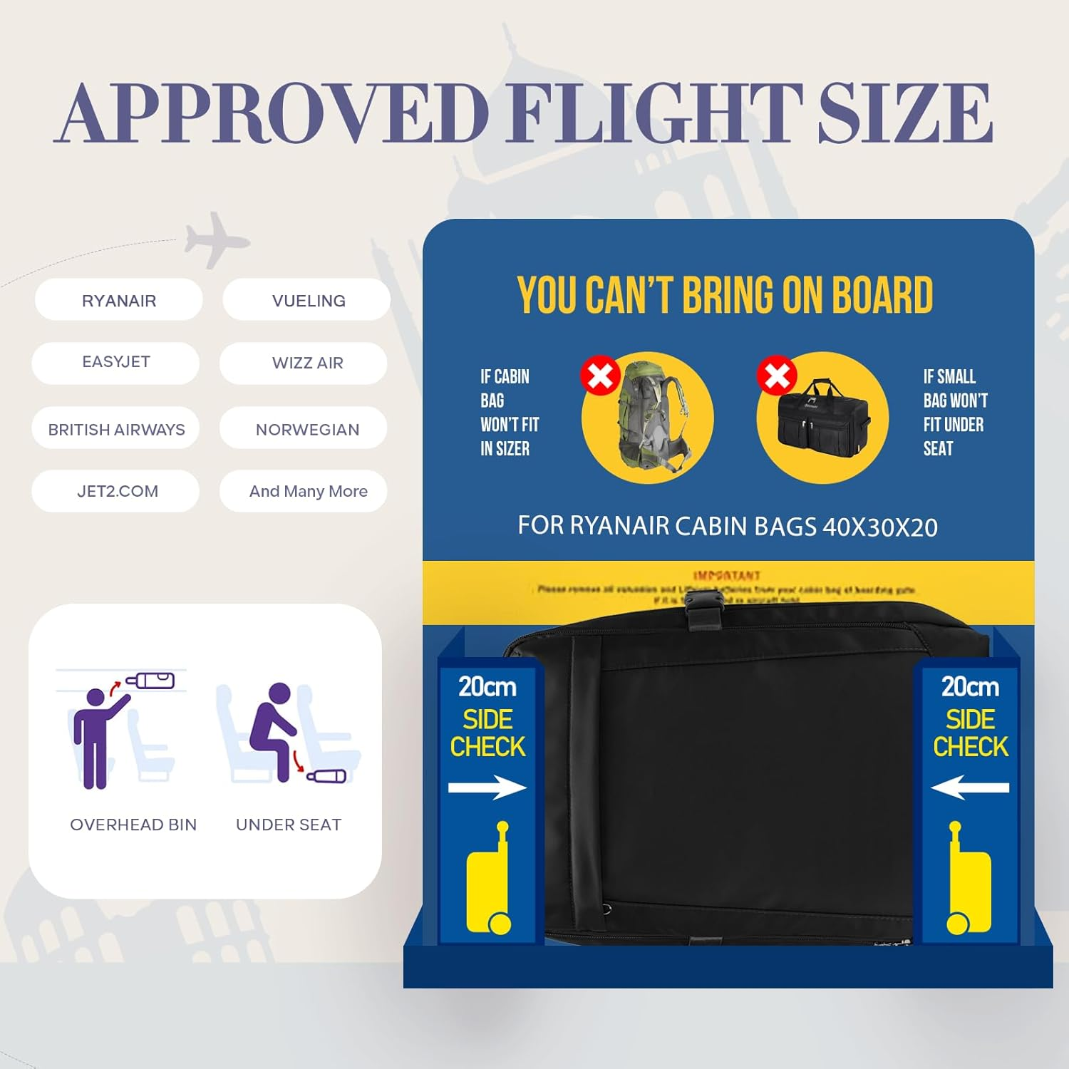 Yankony Cabin Bags Underseat Cabin Bag, Small Travel Backpack Cabin Size Carry on Bag for Airplanes Multiple Pockets Comfort Airback Backpack Cabin Size for Men and Women image number 4