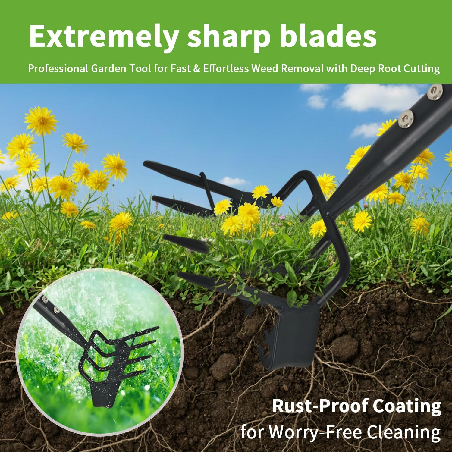 Premium Stirrup Hoe with Adjustable Handle 30-62 Inch, Hula Hoe & Garden Cultivator with Rake for Weed Removal in Flower Beds & Vegetable Gardens image number 2