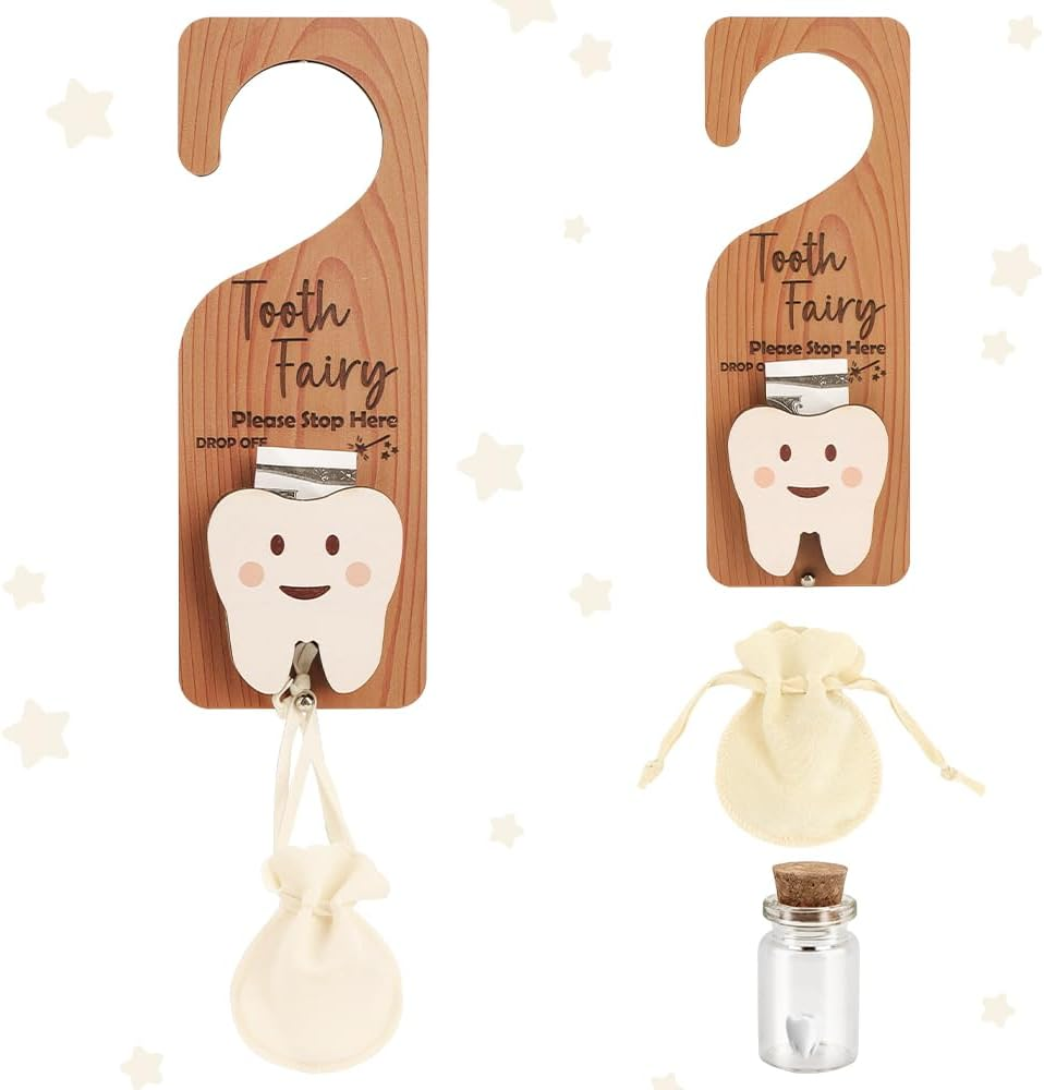WALLFID 3Piece Set,Tooth Fairy Tooth Holder,Tooth Fairy Door Hanger,Keepsake Bottle & Velvet Bag for Lost Teeth,Encouraging Gift for Boys and Girls. (Astronaut)