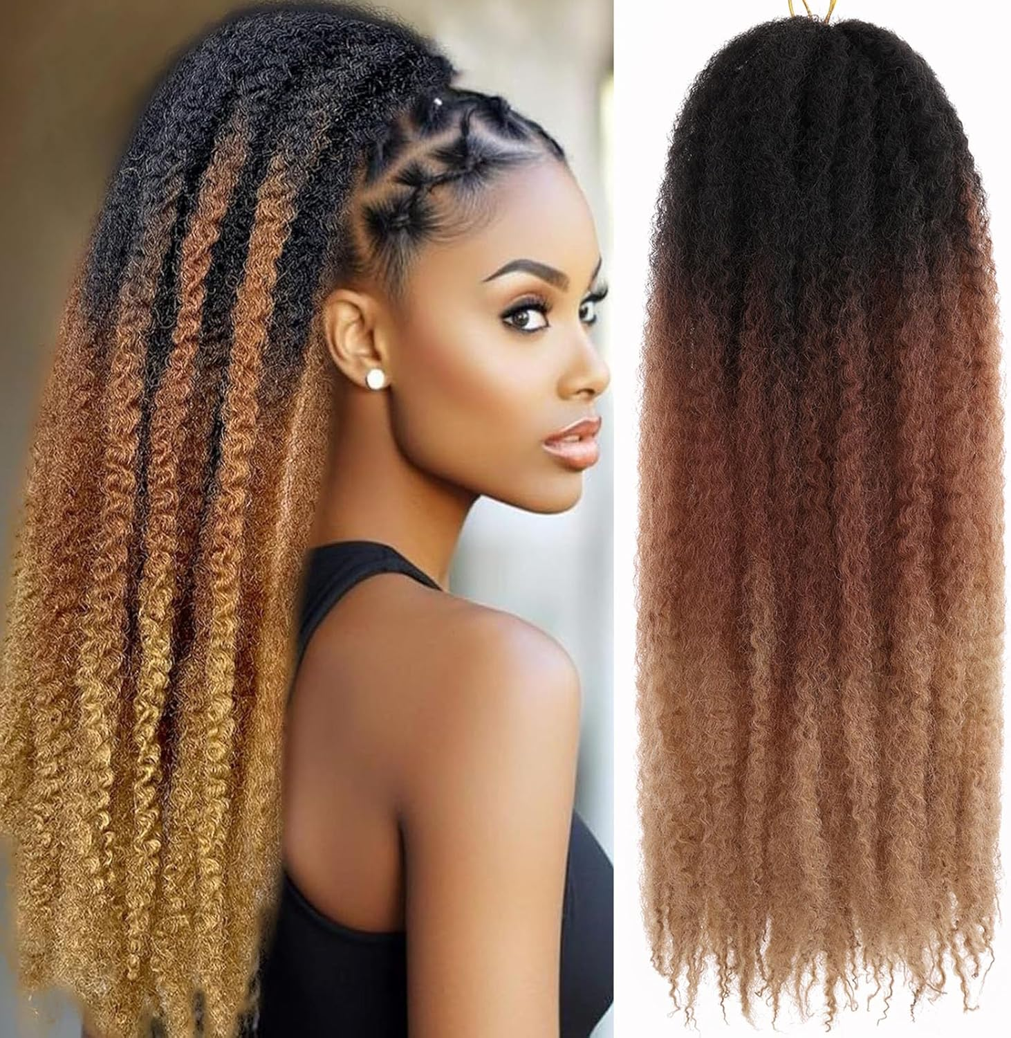 Samtress Marley Twist Braiding Hair 24 Inch Afro Kinky Twist Crochet Hair Extensions 8 Packs Ombre Springy Afro Kinky Twist Crochet Hair for Faux Locs Synthetic Braiding Hair for Women (#1B/30/27)