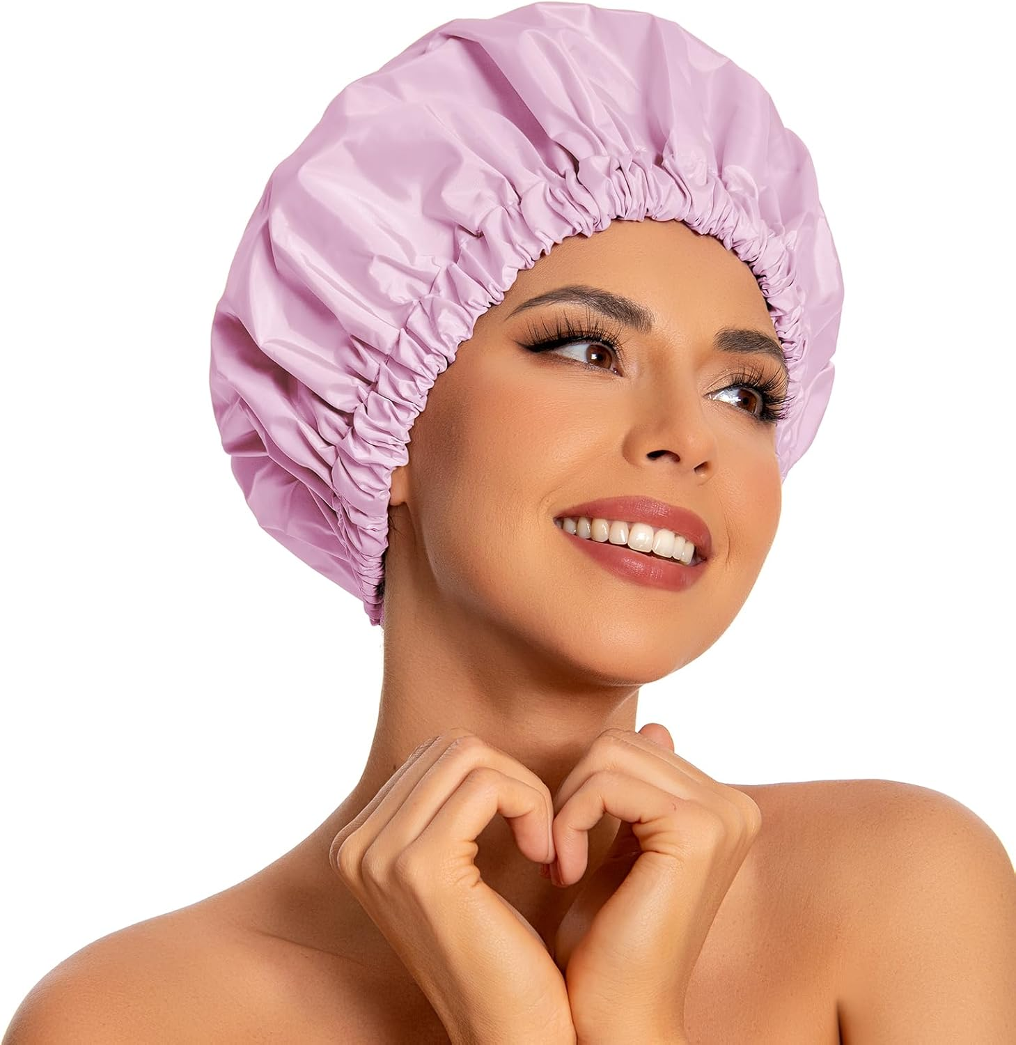 Reusable Shower Cap for Women, Large Waterproof Shower Essentials Bonnet Washable Elastic Band Bath Hair Wrap Hat for Long Hair, Braids(Purple) image number 2