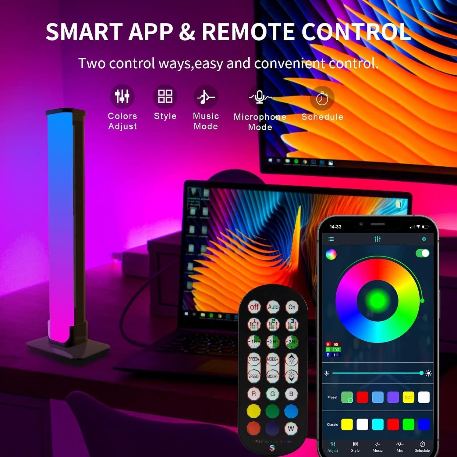 Smart LED Light Bar, 2Pack RGB Smart LED Light Bars with 46 Scene and Music Modes, Gaming Lights That Sync with TV Backlight, Leds RGB Ambient Color Changing Lighting for Gaming, Bedroom (10Inches) image number 1