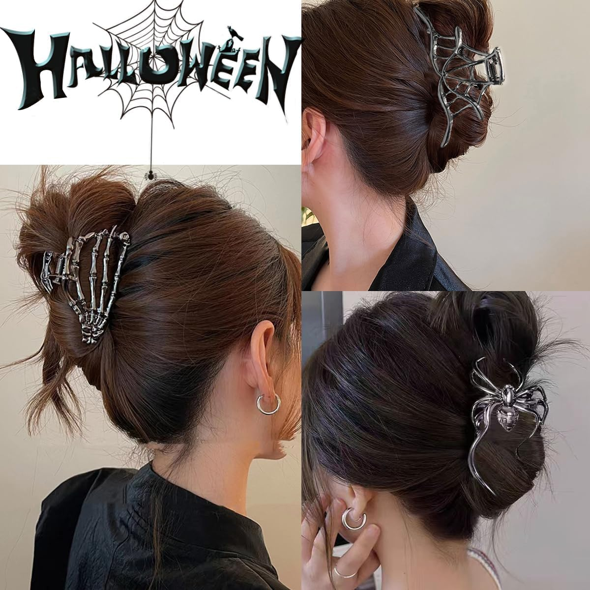 Pack of 3 Metal Hair Clips, Spider Hair Clips, Skull Claw Hair Clip, Non-Slip Claw Clip, Gothic Hair Clips, for Women, Girls, Halloween Hair Styling Accessories (D) image number 6