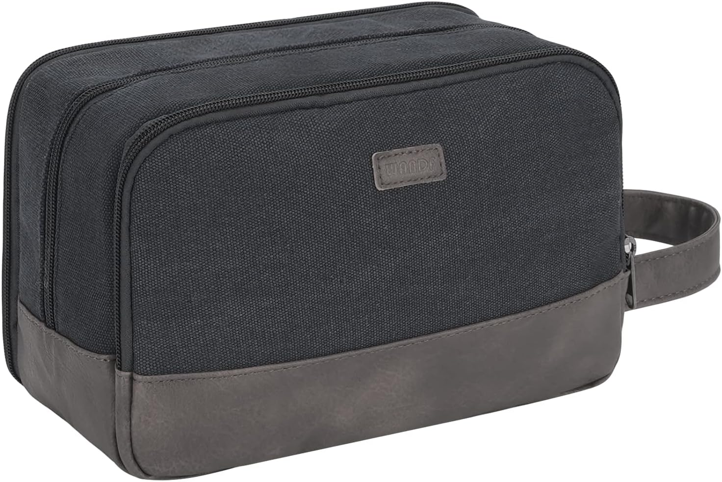 WANDF Travel Toiletry Bag for Men Hanging Dopp Kit Canvas Toiletry Organizer Water-Resistant Vegan Leather Shaving Bag for Toiletries Accessories (Black)