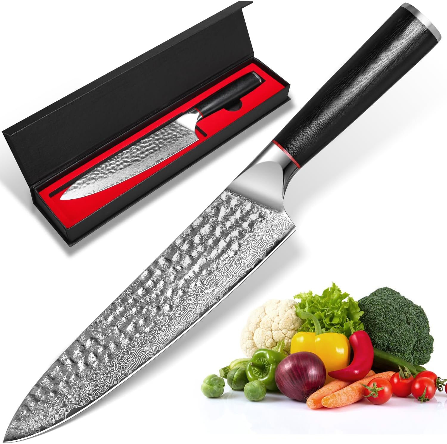 Knife Set 3-Piece Damascus Steel Chef Knife Set &ndash; 8 Inch Razor Sharp Kitchen Knives, 7 Inch Nakiri Knife, 5 Inch Slicing Knife with Ergonomic G10 Handle Cooking Knife Set, Gift Box