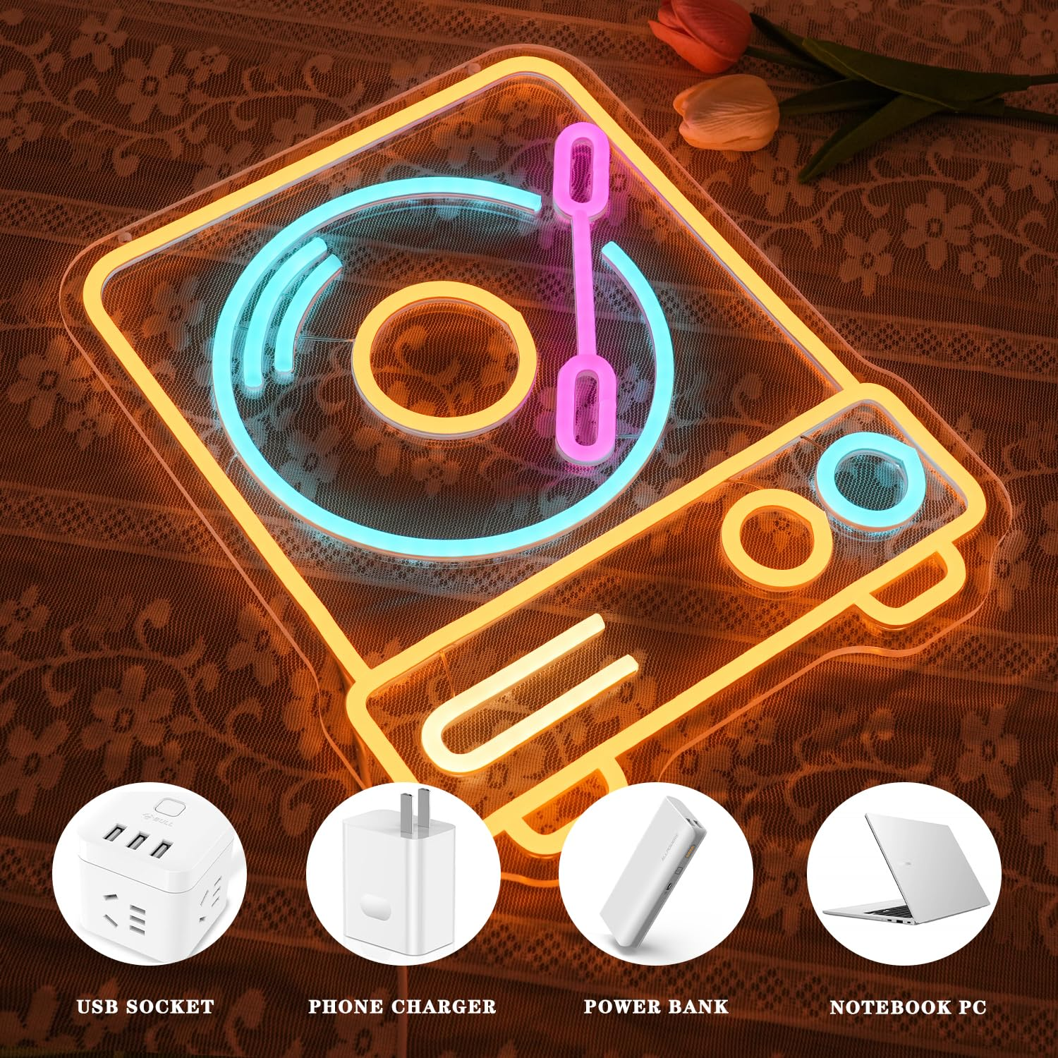LMSIGNLY Record Player Neon Sign for Wall Decor Retro Music Record Neon Light Music Neon Light Sign Colorful Record Player LED Sign for Bedroom Music Classroom Concert Bar Party image number 1