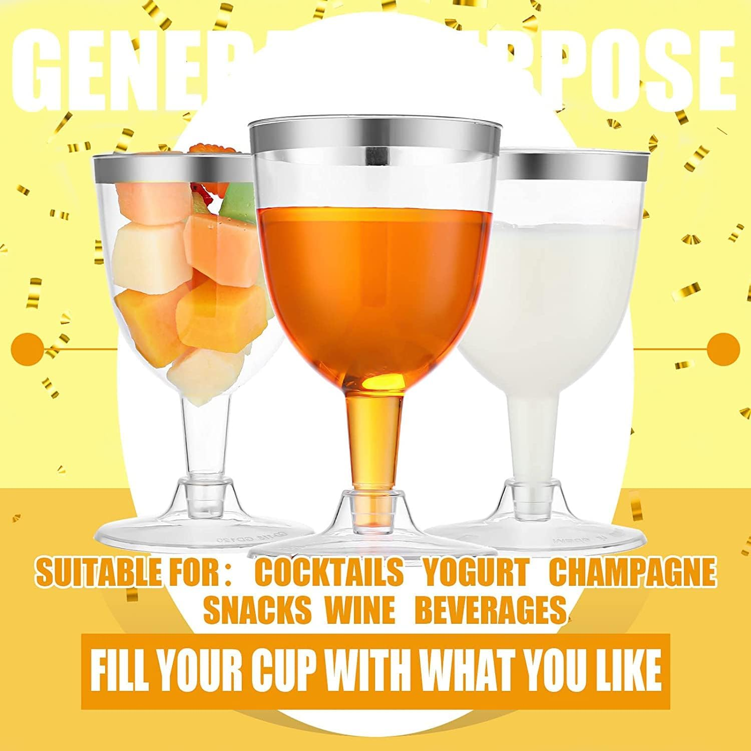 Latern Pack of 50 Wine Glasses with Silver Rim, 170 Ml Plastic Wine Glasses Reusable Party Wine Cups with Stem for Drinks Whisky Champagne Beer Cocktail Martini (13.5 X 6.5 Cm)