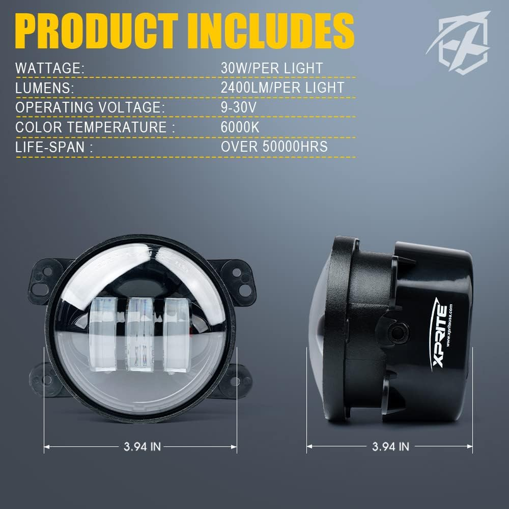 Xprite 4" Inch Amber LED Fog Light Compatible with 2007-2018 Jeep Wrangler JK Unlimited Jku, Driving Offroad Foglights, DOT Approved Front Bumper Replacements Fog Lamps, Amber - White image number 5