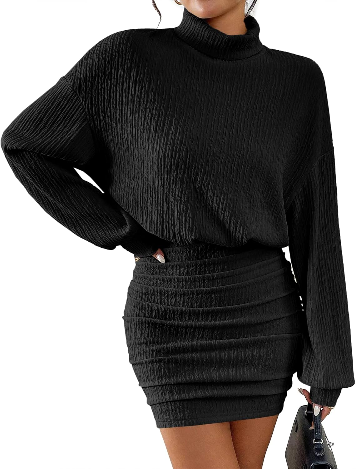 MITILLY Fall 2025 Long Sleeve Mini Dress for Women Formal Elegant Pullover Turtleneck Ruched Bodycon Short Dresses