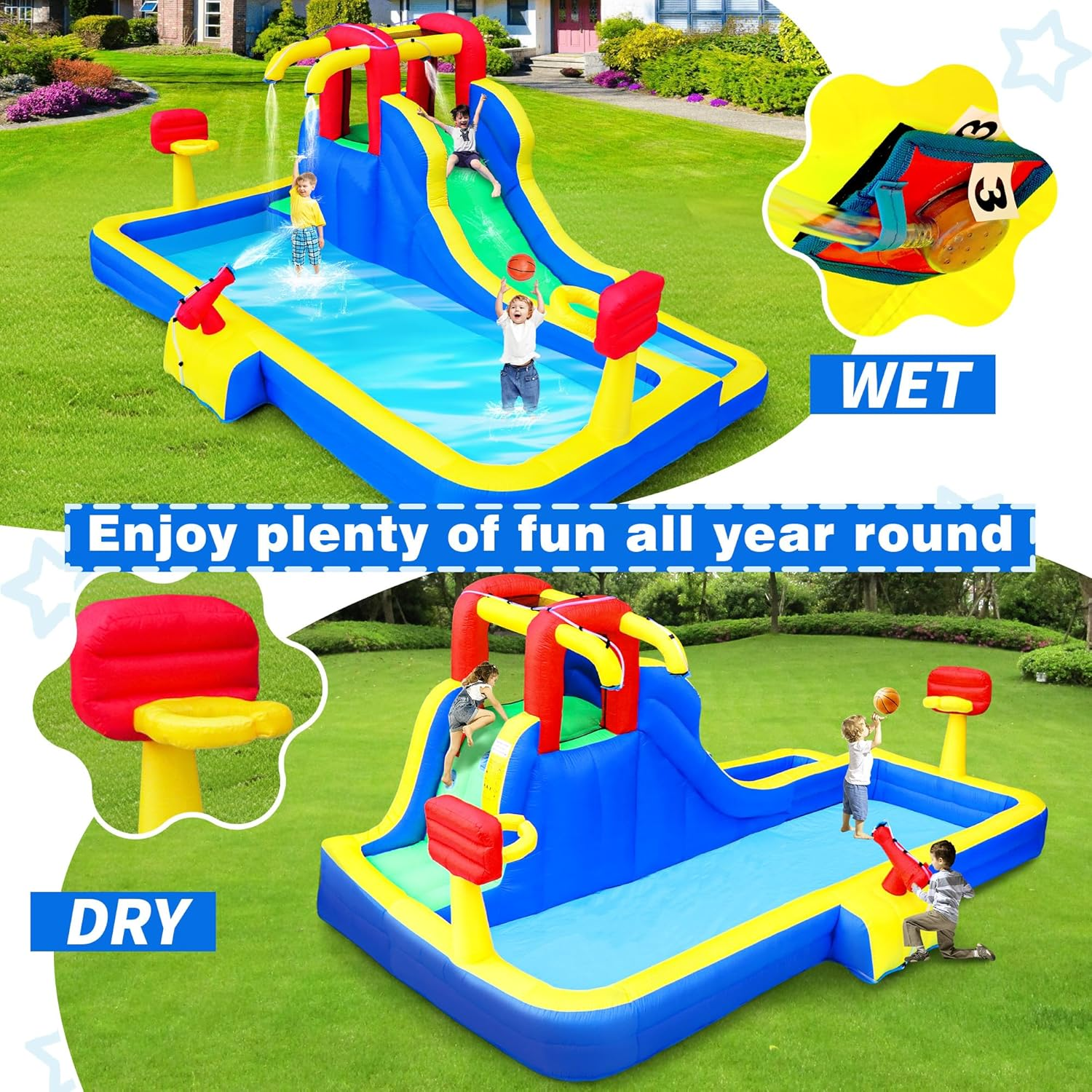 Inflatable Water Slide, 8 in 1 Water Park with Blower, 457 X 282 X 195 Cm Water Slides with Large Splashing Pool, Double Basketball Hoops, Water Cannon image number 1