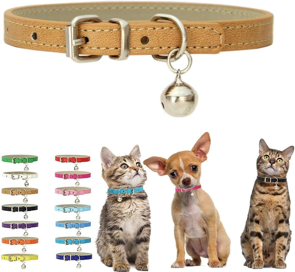 Khaki XS Dog Collar with Bell, Soft Pu Leather Kitten Dog Collars Adjustable Buckle for XXS XS Extra Small Medium Tiny Female Male Boys Girls Pets Puppy Cats Teacup Yorkie X-Small image number 2