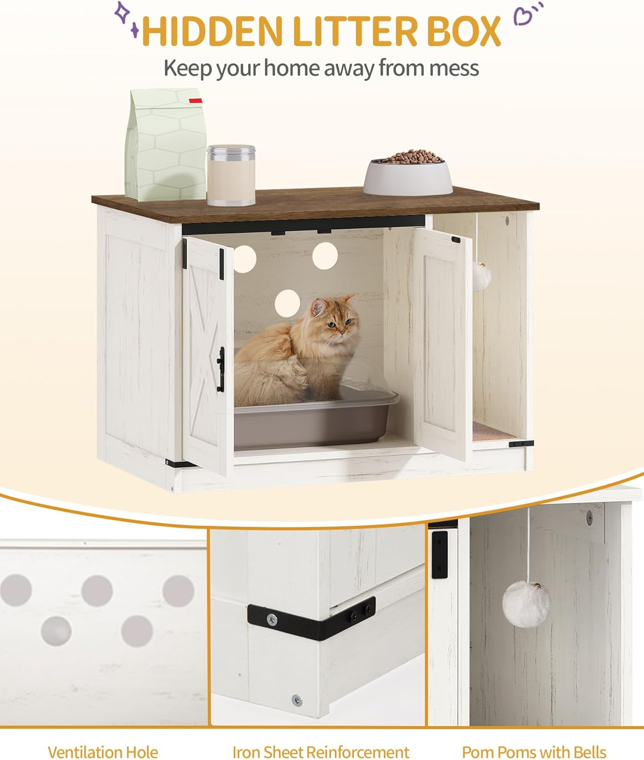 Hzuaneri Cat Litter Box Enclosure, Hidden Litter Box Cabinet Furniture with Bell, Indoor Cat House, Farmhouse Style, 31.5 X 19.7 X 20.9Inches, for Hallway, Bedroom, Rustic Brown and White CB82414X image number 2