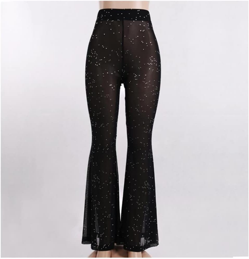 Women'S Rave Sheer Mesh Sparkly Pants Bell Bottom Rave Outfit Clothes for Festival Dance Clubwear image number 2