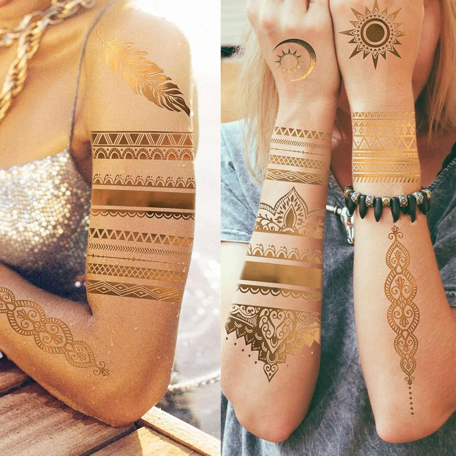 9 Sheets Gold Temporary Tattoos Flash for Women, Metallic Festival Tattoos, Body Art Sticker, Waterproof Armbands Tattoo, Moon Star Butterfly Glitter Tattoos Fake That Look Real and Last Long image number 1