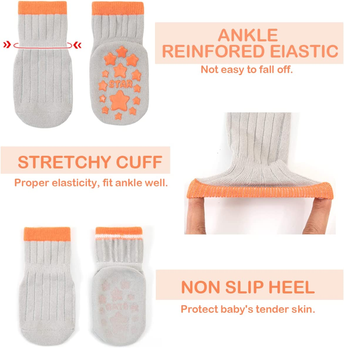 Baby Socks with Grip 5 Pairs, Ultra-Soft Cotton Anti-Slip Toddler Crew Socks for 0-12 Months/1-3/3-5/ Years Old Boys Girls Kids Infant Non Slip Ankle Socks Unisex Crawling Socks for Babies image number 1