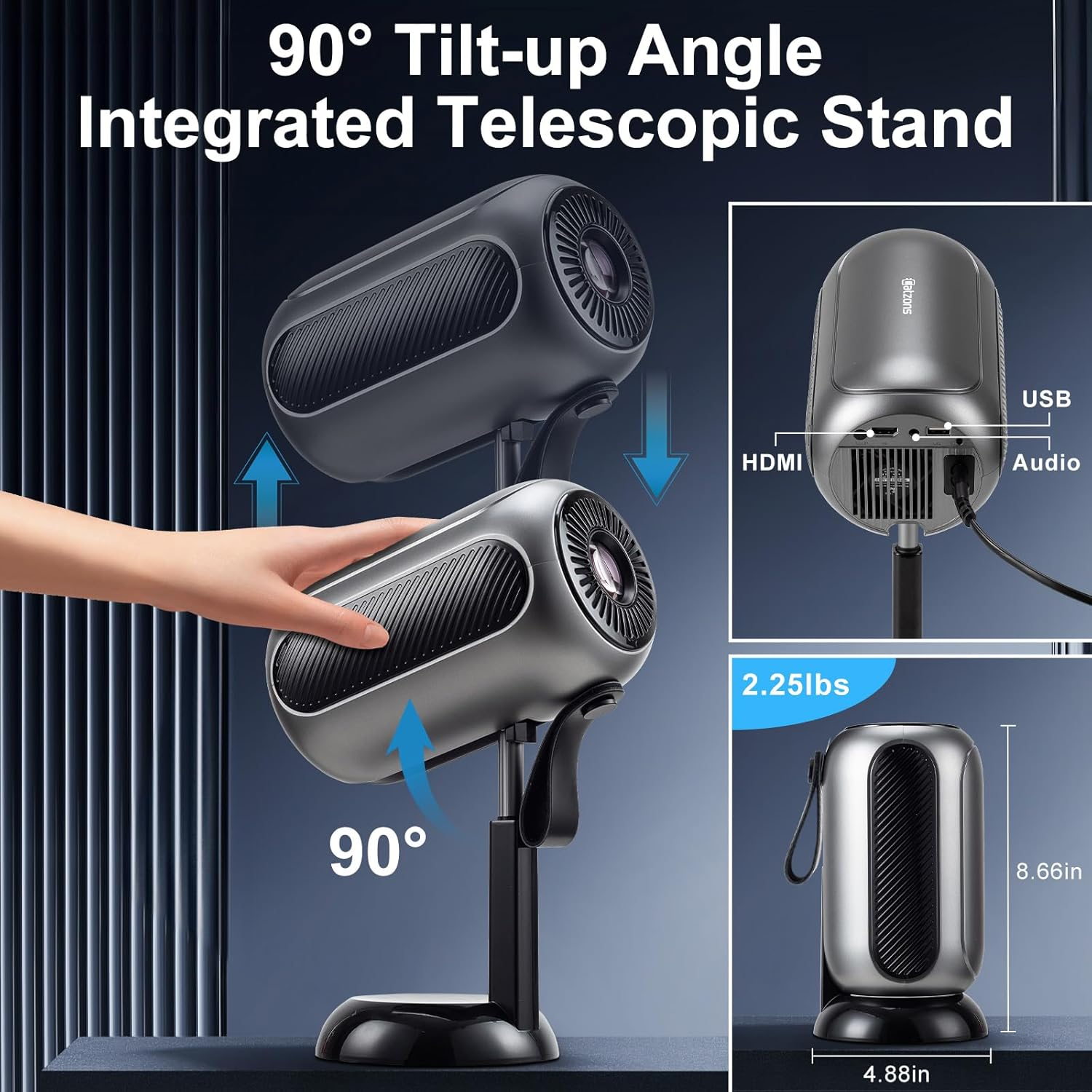 Mini Projector with Wifi 6 & Bluetooth, 240 ANSI Portable Projector, 4K 1080P Supported, 90&deg; Adjustable Hidden Stand, Smart Home Theater Projector for Indoor & Outdoor Use image number 1