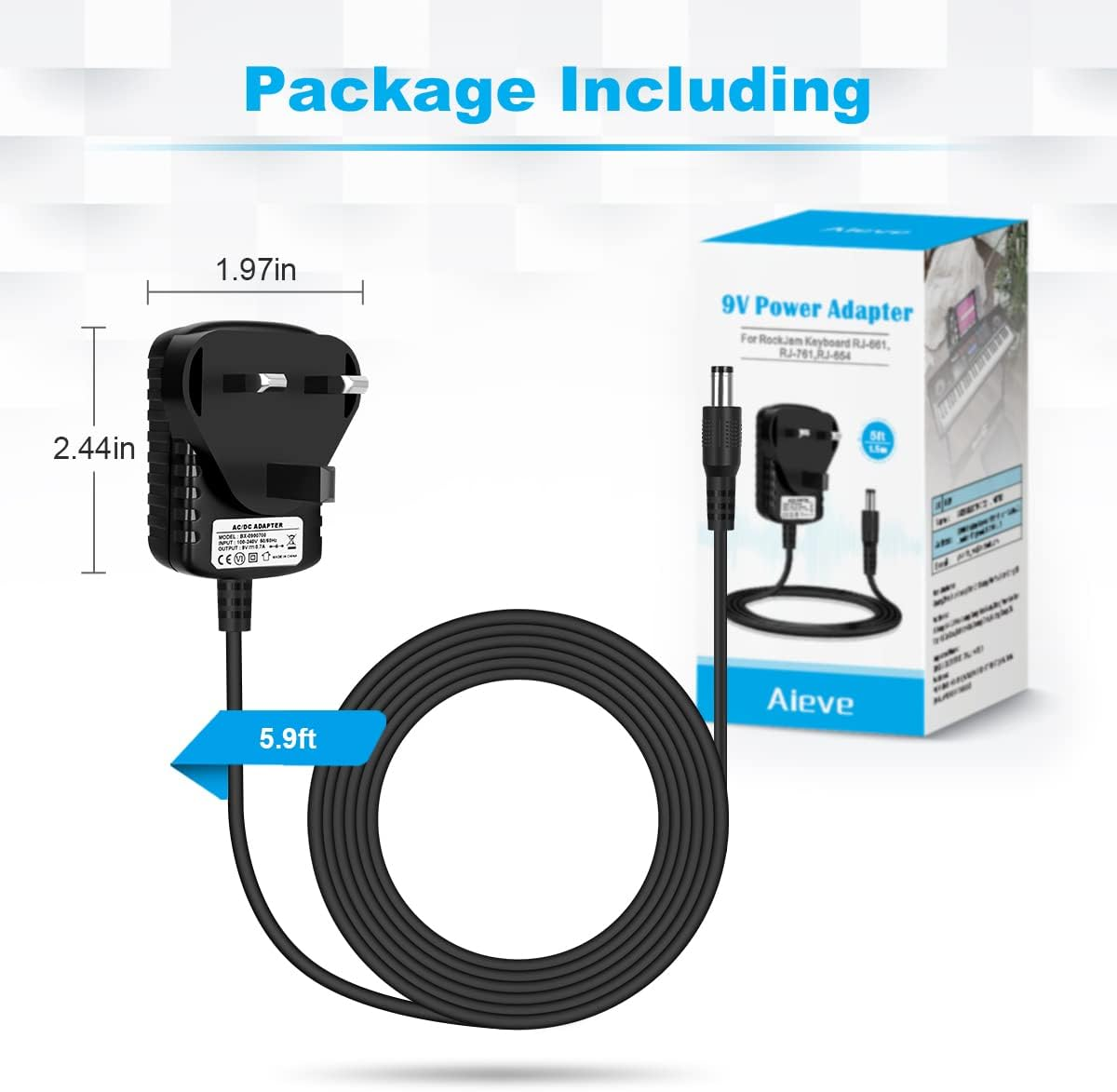 AIEVE 9V Power Supply, 9V DC Power Adapter Plug Power Cable for Rockjam Keyboard Piano Rj-661,Rockjam Rj761,Rockjam Rj654,Rj549,Rj461,Reebok GB50 Exercise Bike image number 6