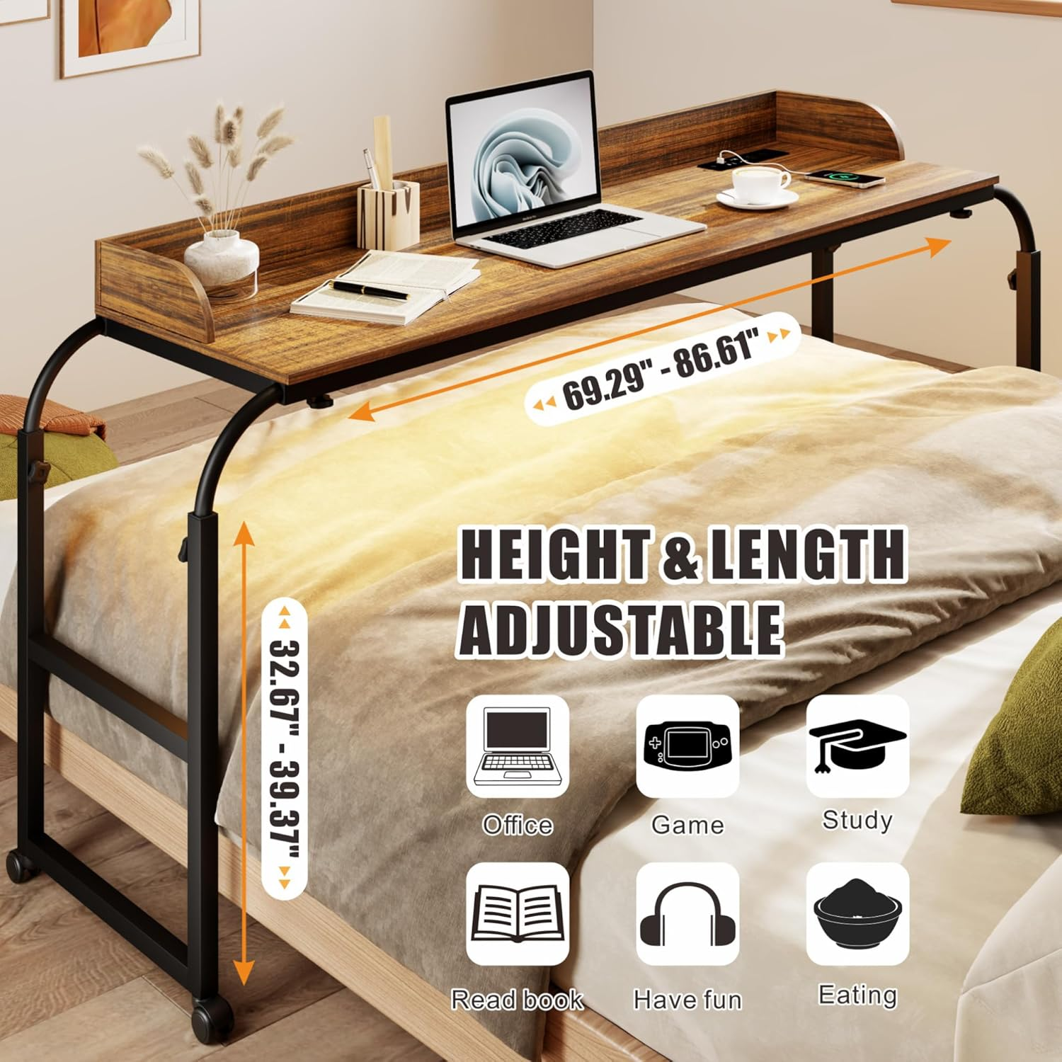 Dystler Overbed Desk with Charging Station-Over Bed Table-Adjustable Length/Height with Wheels - Human Sensor LED Light Mobile Queen Size Bed Table Rolling Tray Table for Eating & Laptops, Brown image number 5