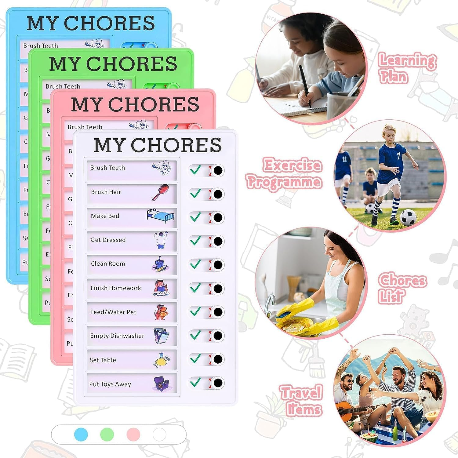Chore Chart, 4PCS Chore Chart Kids Daily Planner, Reusable Chore Checklist for Planning with 20 Detachable Cardstock for Teacher Calendars Planners to Do List(4 Colour) image number 2