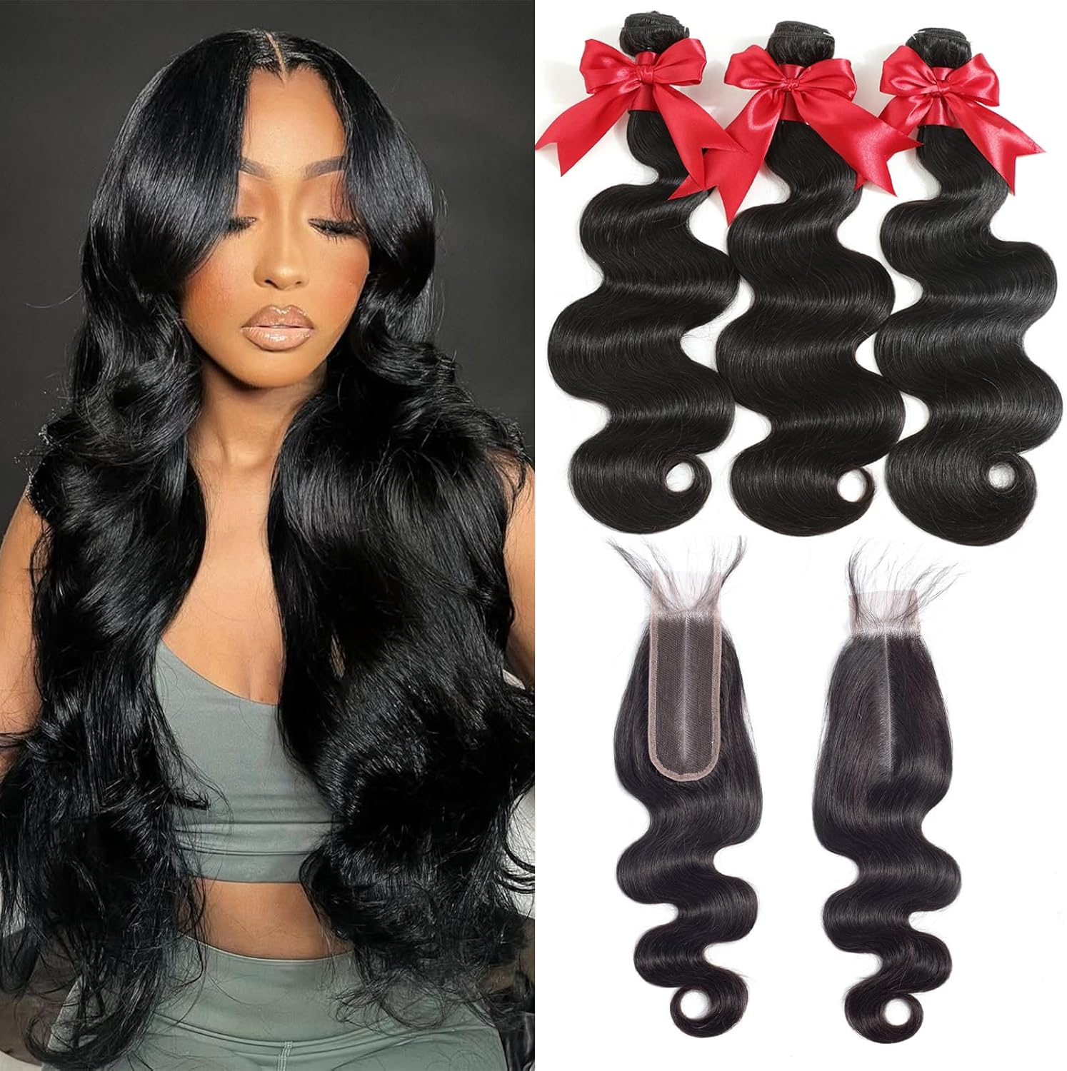 12A Frontal Human Hair Bundles 24" 26" 28" with 20" Brazilian Wave Human Hair Bundles with Front Closure 100% Unprocessed Human Hair 3 Bundles 13X4 HD Lace Frontal