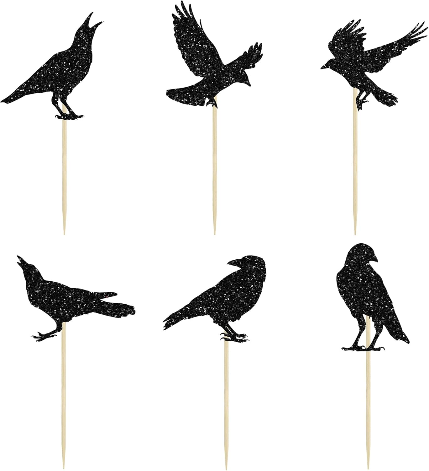 24Pcs Black Crow Cupcake Toppers Glitter Raven Halloween Cupcake Picks for Horror Crow Halloween Theme Birthday Party Cake Decorations Supplies image number 5