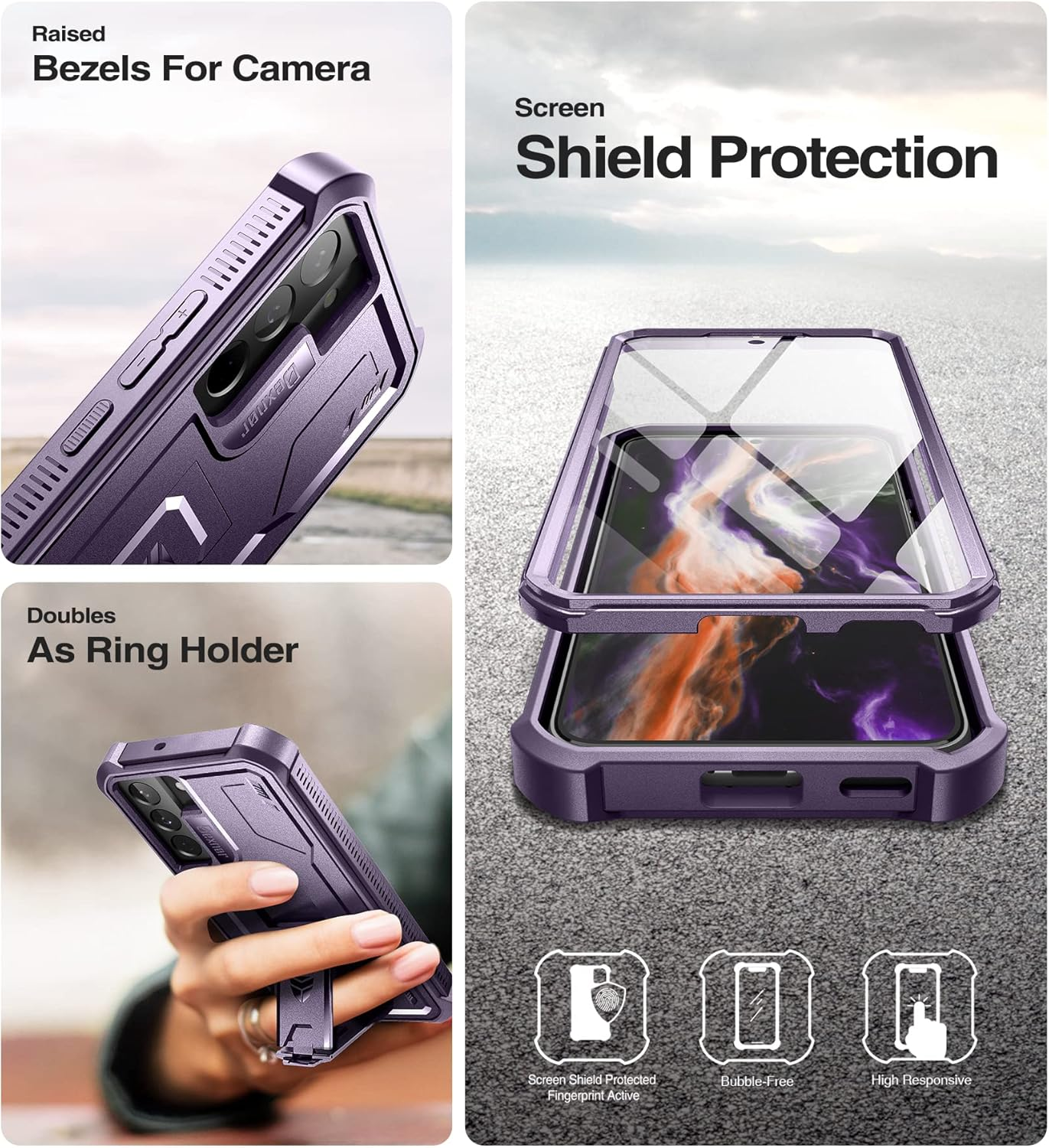 Dexnor Compatible with Samsung Galaxy S22 5G Case with Built-In Screen Protector Military-Grade 360 Full Body Shockproof Bumper Protection Cover with Stand - Phantom Purple