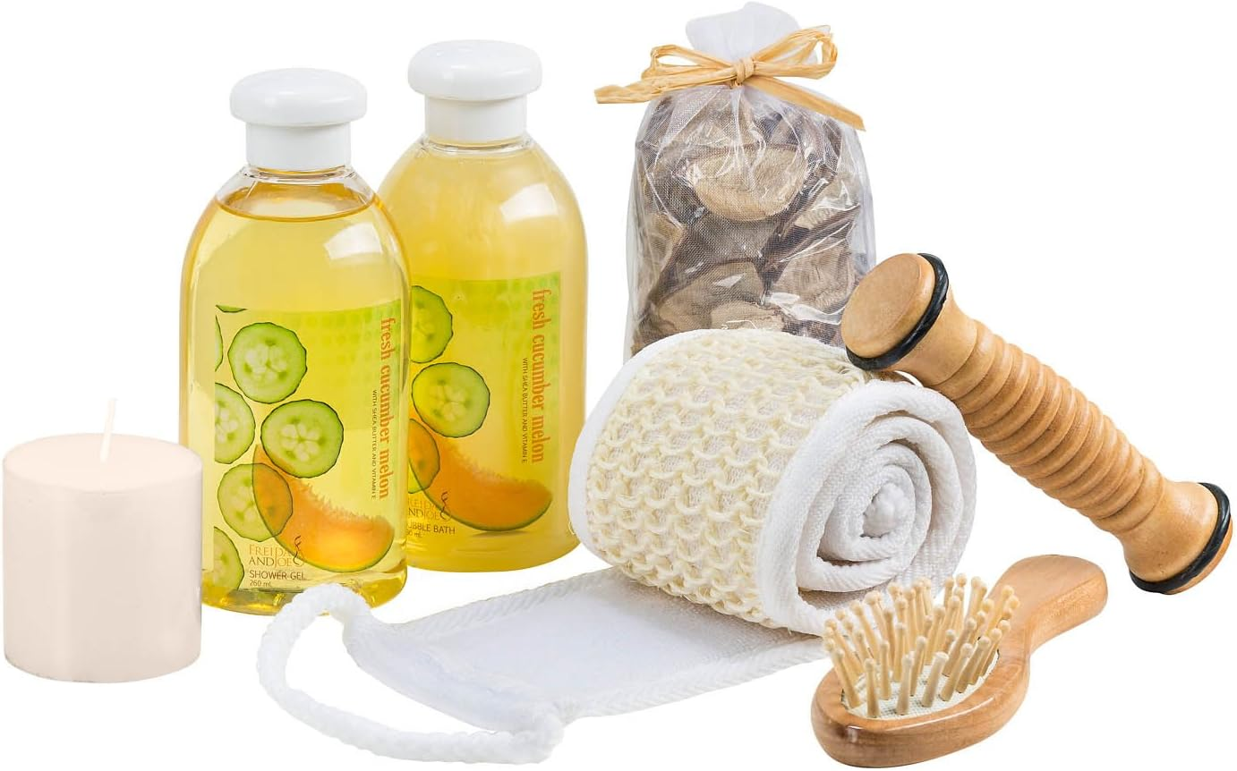 Fresh Cucumber Melon Two Tone Wood Spa Basket Wooden Massage Comb, Reflexology Wood Stick, Back Scrubber Loofah, Candle, Potpourri in an Organza Bag, 260Ml Shower Gel, 260Ml Bubble Bath image number 1