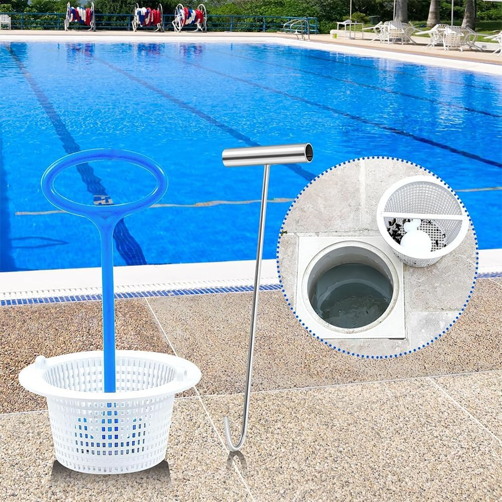 2 Silver Stainless Steel Hook & 2 Blue Skimmer Basket Handle for Inground Pool, Inground Swimming Basket Handle Cleaning Tool for Debris Removal,Keep Hands Clean and Safe Supplies image number 3