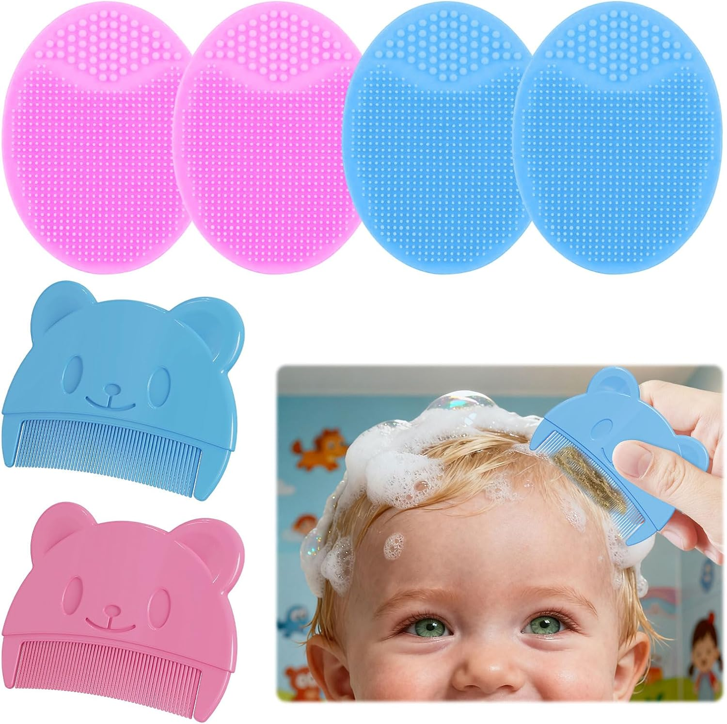 Baby Brush, 4Pcs Cradle Cap Brush, Cradle Cap Comb, 2Pcs Baby Bath Comb, Bath Silicone Brush, Skin Scrubber Baby Essential, Suitable for Kid Dry Skin, Eczema, Massage and Exfoliator image number 2