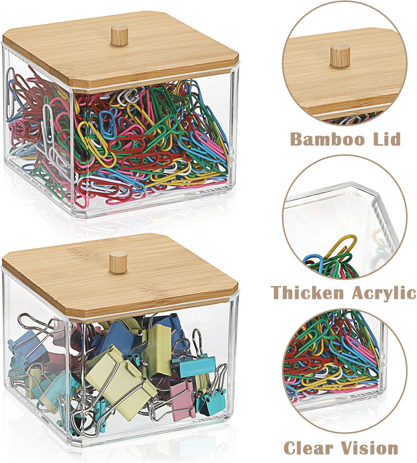 BTSKY 2 Pack Clear Stackable Paper Clip Holder with Bamboo Lid Paperclip Box Thick Acrylic Office Supply Accessory Organizer Square Small Storage Holder Cute Qtip Holder for Office Bathroom Vanity