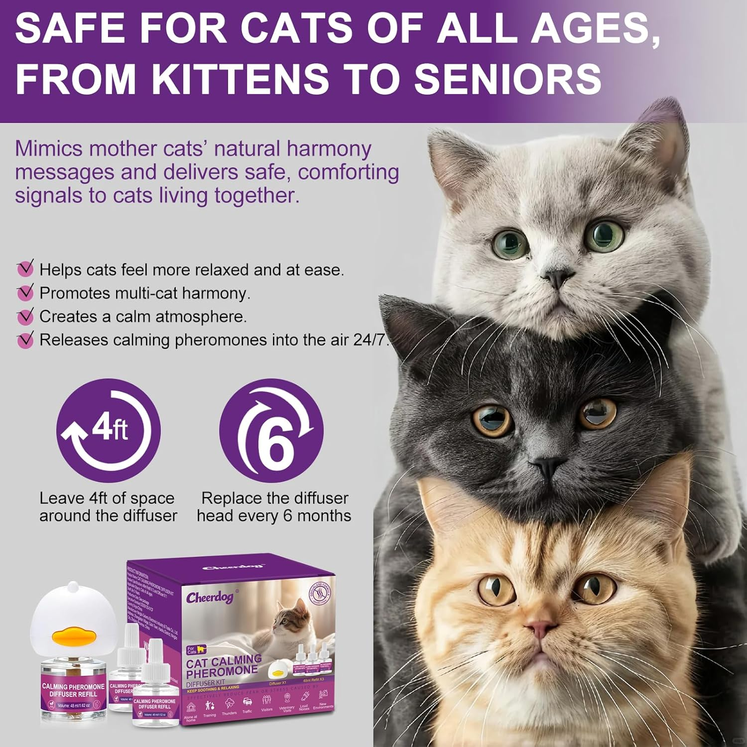 Cat Pheromones Calming Diffuser Relieve Anxiety Stress Cat Calming Diffuser Comfort for Cats 3 Refills, Reduce Fighting and Scratching Calm Relaxing Fits All Cats image number 4