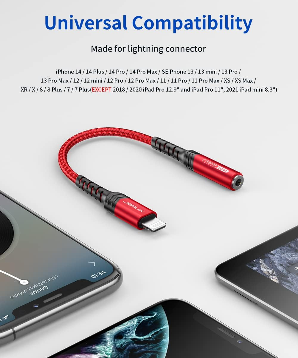 JSAUX Headphone Adapter for Iphone, Lightning to 3.5Mm [Apple Mfi Certified] Compatible with Iphone 14/14 Pro Max, 13 Series and Iphone 12/11/Se/X/Xr/Xs/8-Red image number 2