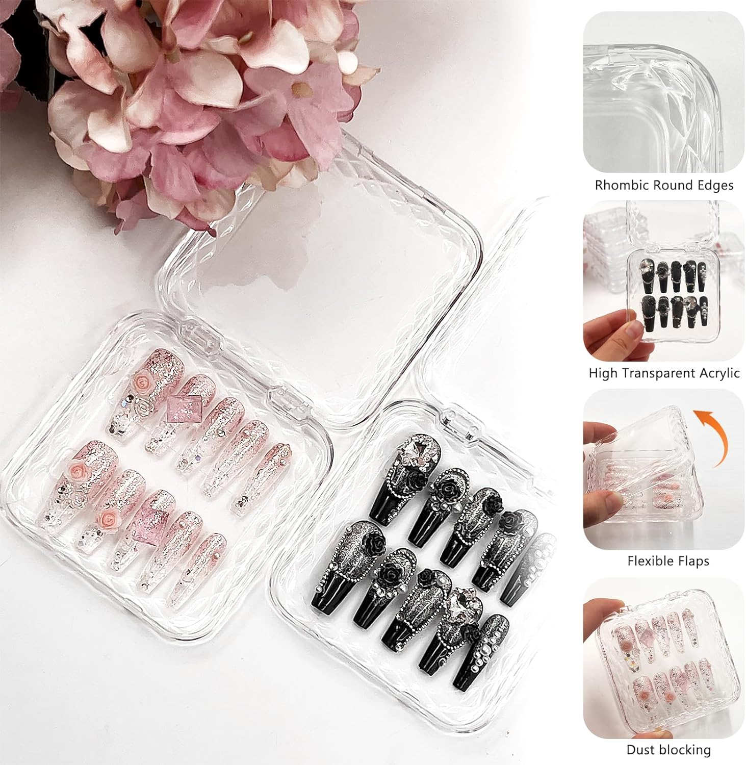 Daily Treasures 92Pcs Press on Nails Packaging Set,16Pcs Rhombic Nail Storage Box(7.5&times;7.5Cm)&60Pcs Upgraded Double Sided Tape &16Pcs Self-Adhesive Bags,Transparent False Nail Display for Nail Business image number 5