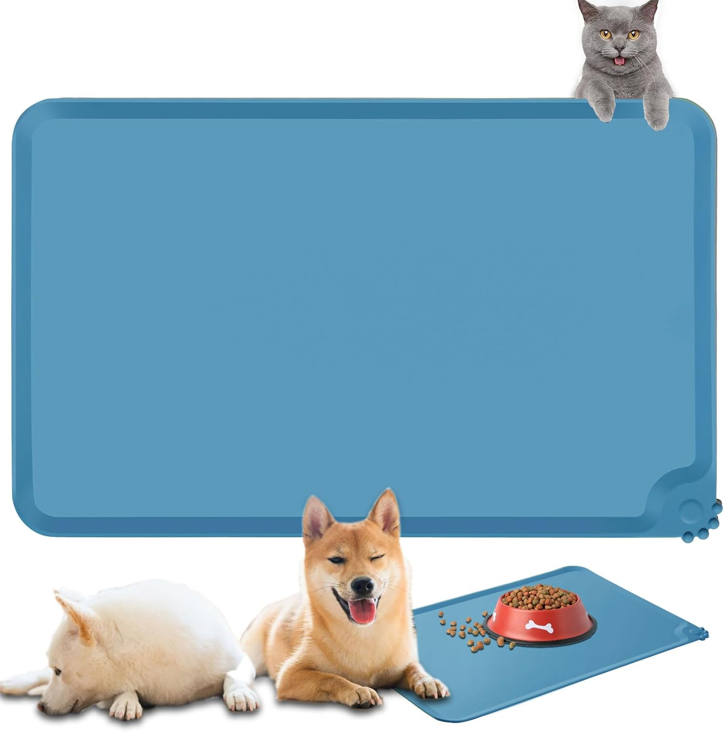 Silicone Food Mat for Dogs Cats，Thicker Waterproof Anti-Slip Pet Feeding Mats，Raised Edge, Spill-Proof Easy to Clean, Dishwasher Safe for Dog and Cat Bowls (Green, L)