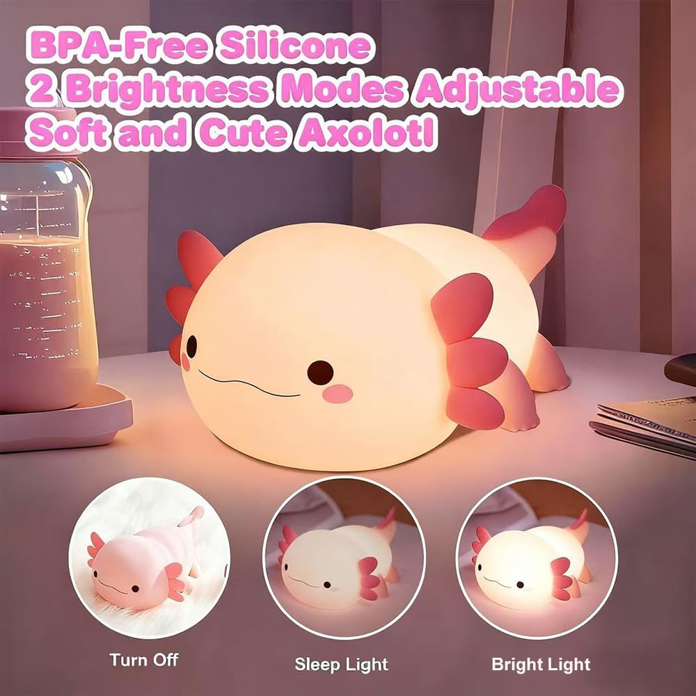 Cute Axolotl Night Light for Kids Bedroom, Animal Silicone Nursery Night Lamp Touch Control Nightlights USB Rechargeable Bedside Lamp for Baby Children Toddlers Girls Gift (Pink Axolotl) - Pink Axolotl 1 image number 5