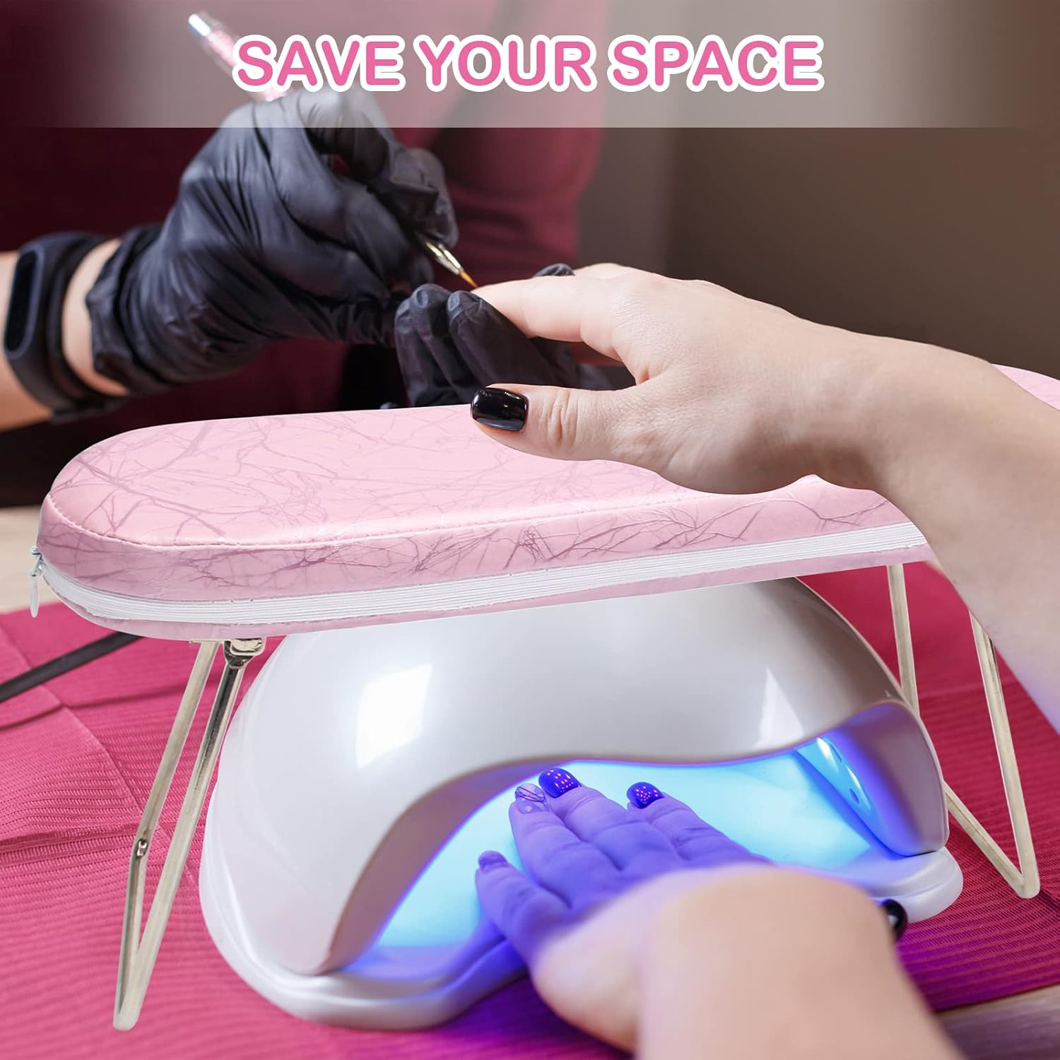 Coldairsoap Nail Pillow Hand Rest with Bracket, Professional Manicure Arm Stand Holder for Nails Art DIY Foldable Microfiber Leather Nail Hand Rest Cushion for Nail Salon Technician (Pink) image number 2