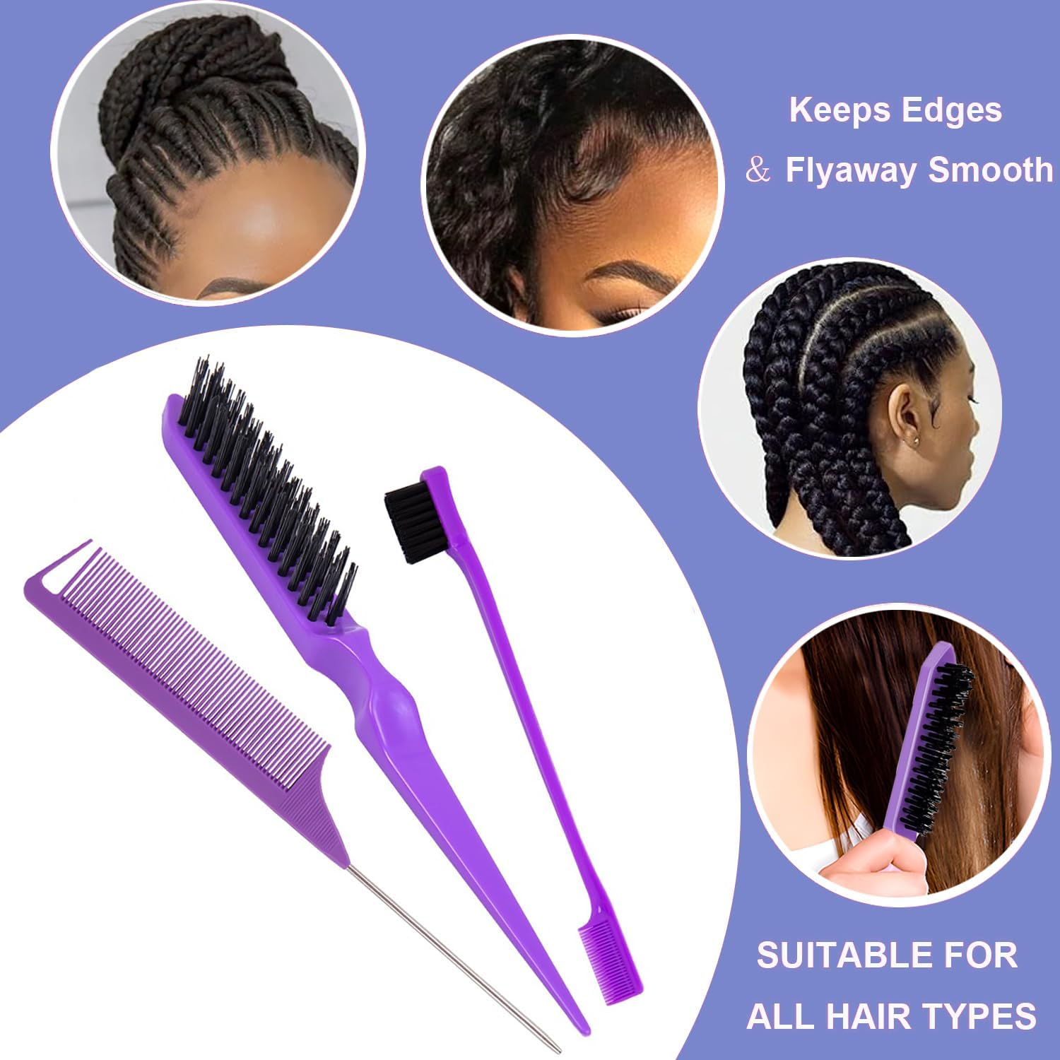 Hair Styling Comb Set 3PCS, Teasing Hair Brush, Rat Tail Comb Edge Brush, Hair Tail Tools for Women Girls Kids Braiding Backcombing Styling (Purple) image number 2