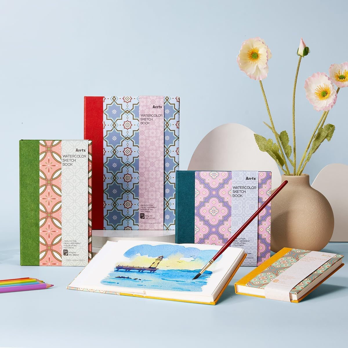 Arrtx Square Watercolor Paper Sketchbook, 5.47X5.47'', 140 LB, 300 GSM, 100% Cotton Paper, Cold Press, 24 Sheets, Hardcover Watercolor Journal for Use as Travel Notebook for Artists Adults Students - White image number 5