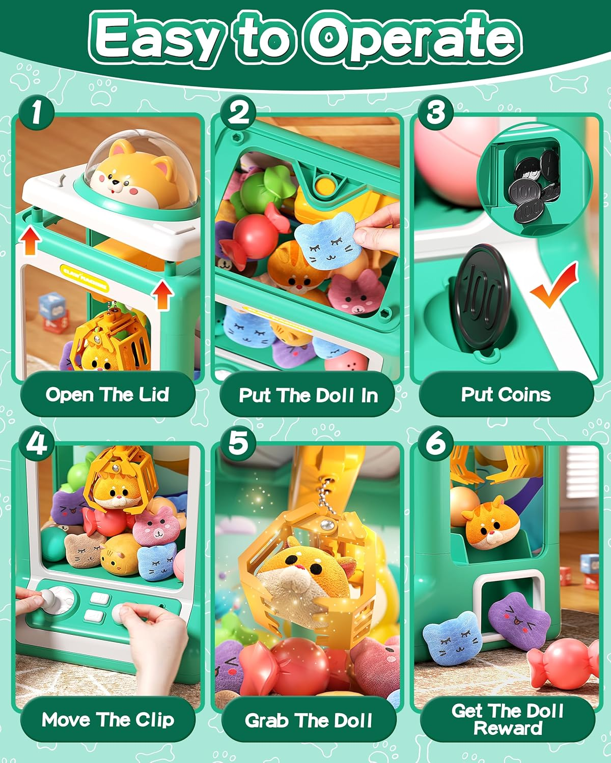 Claw Machine for Kids, Mini Vending Machine with Game Coins & Music, Prize Dispenser Toys for Girls and Boys, Electronic Claw Game Machine for Party Birthdays, Includes 30 Mini Toys (Doggy Green) image number 3