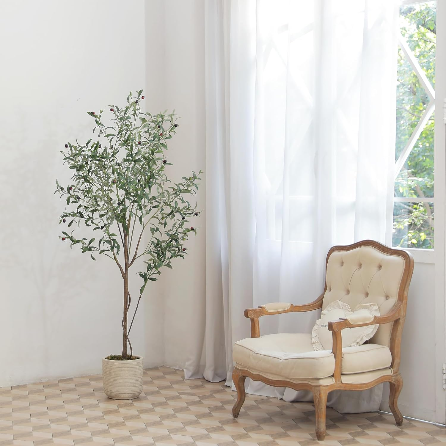 LYERSE Artificial Olive Tree, 6Ft, Fake Olive Tree with Natural Wood Trunk and Realistic Leaves, Indoor/Outdoor Decor