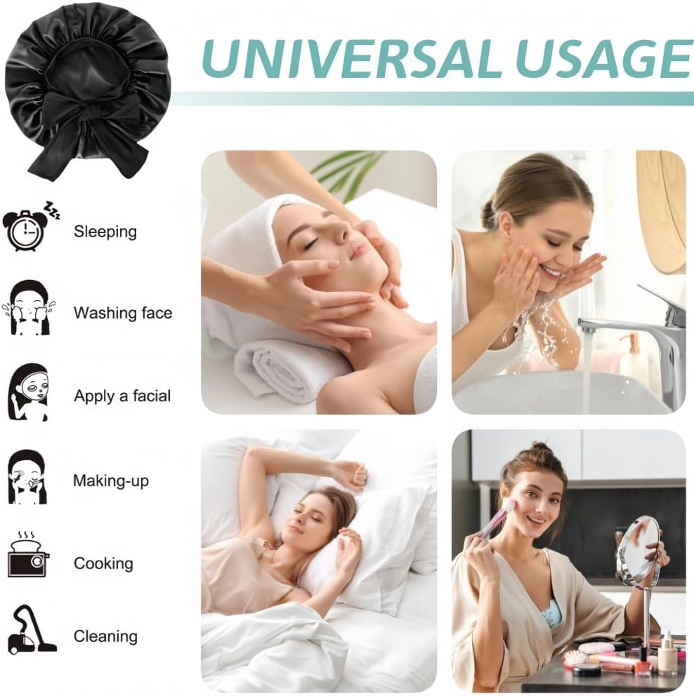 Mumoo Bear Silk Bonnet Satin Hair Bonnet for Sleeping Night with Tie Band with Head Wrap for Women (Black) image number 5