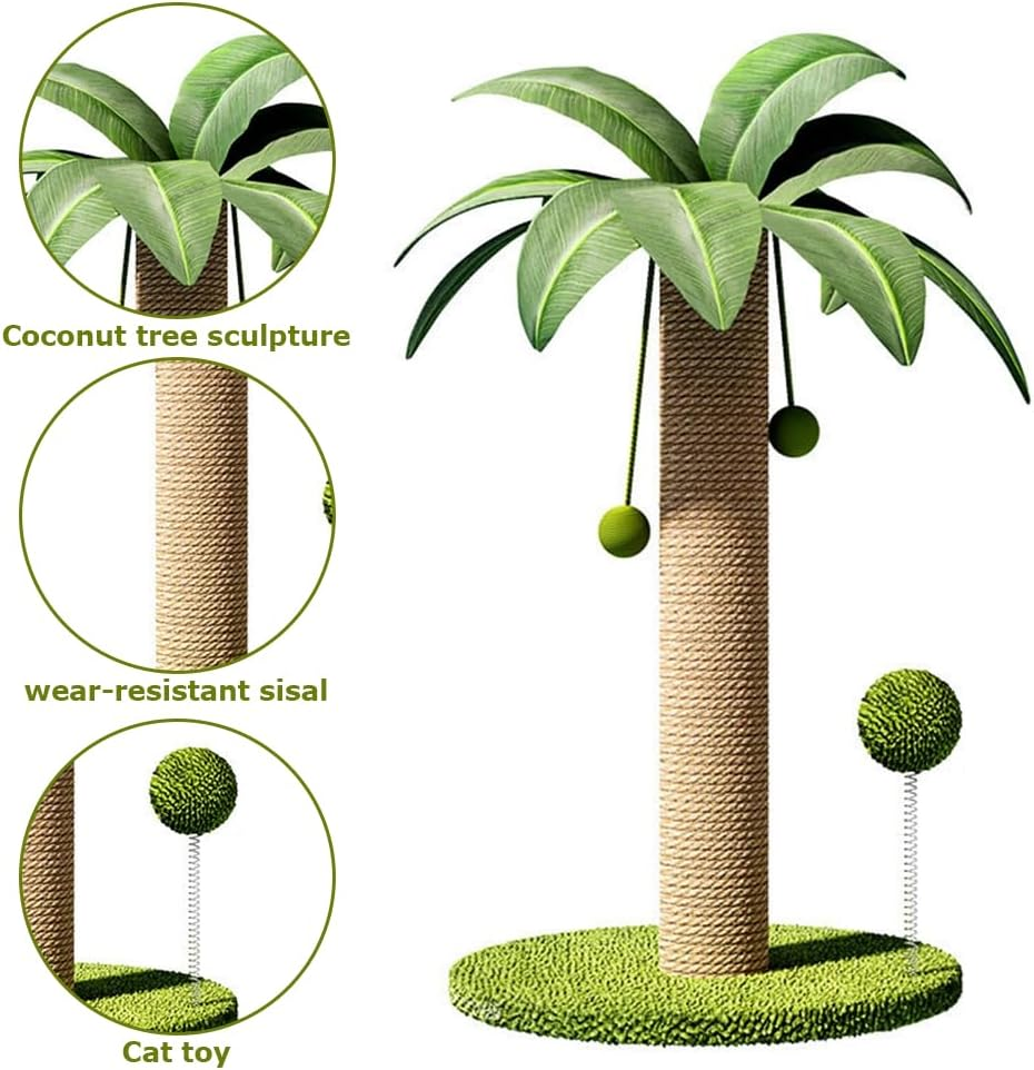 Coconut Tree Cat Scratching Post, Sisal Rope Pussy Pillar, Interactive Mog Tree, Stable Wide Base & Fun Hanging Balls, for All Cats（41X41X63Cm）