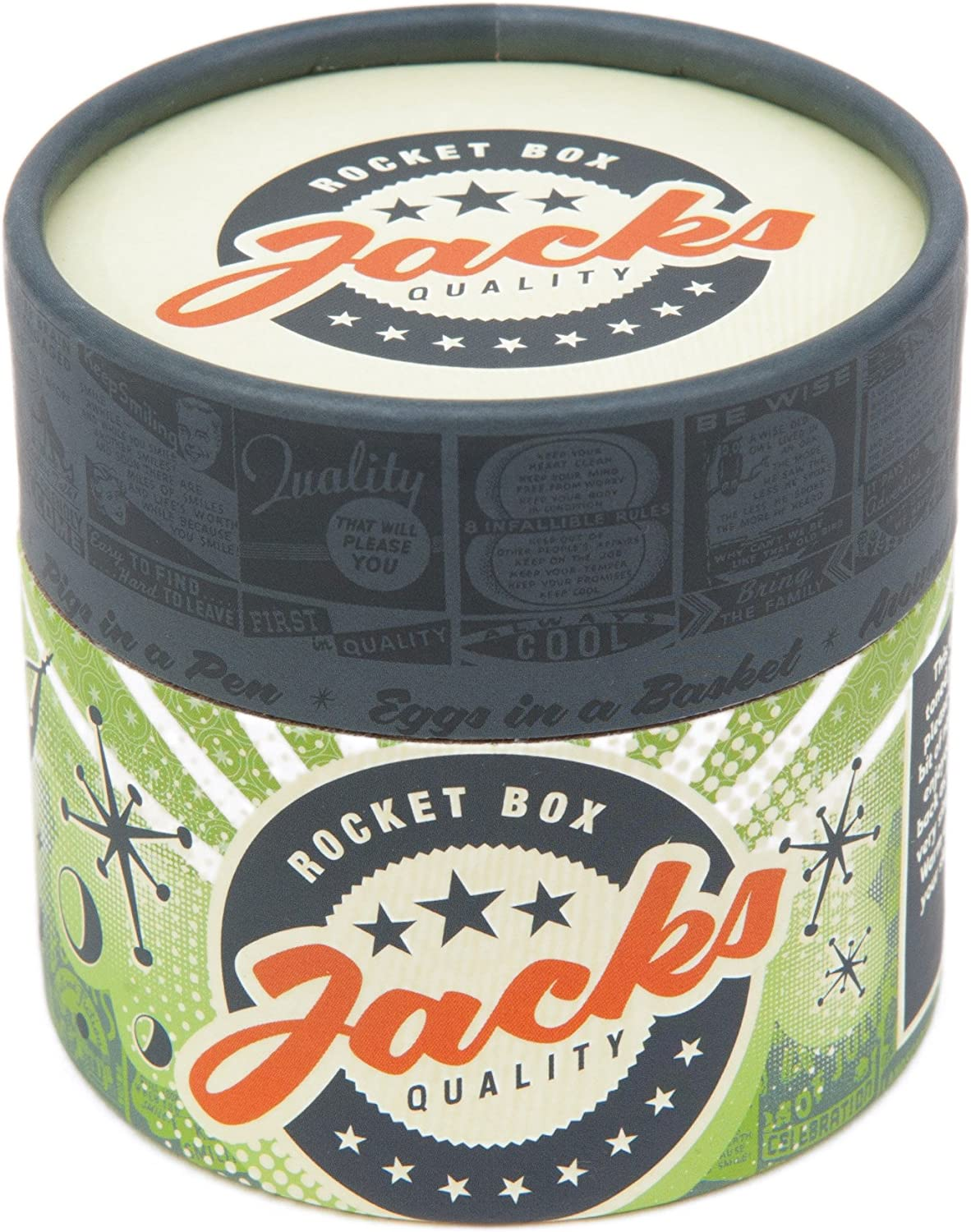 Rocket Box Jacks Game: Retro, New Vintage, Classic Game of Jacks, Gold and Silver Toned Jacks, Two Red Bouncy Balls and Set of Instructions, Fun for Kids and Adults of All Ages. image number 1