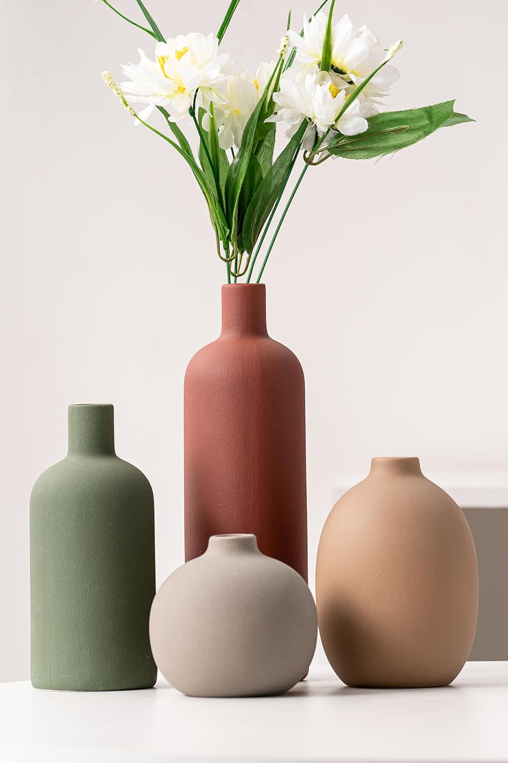 Ceramic Vase Set of 4, Classic Matte Flower Vases for Home Decor, Bookshelf, Bathroom, Living Room (Red/Green/Dark Brown/Grey) image number 1