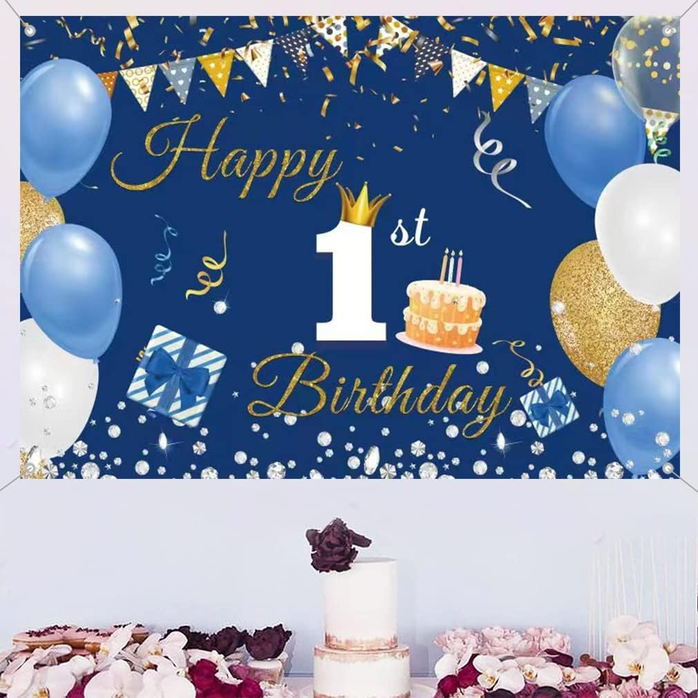1St Birthday Decorations Happy 1St Birthday Backdrop Party Banner for Boys/Girls Happy 1 Year Old Fabric Sign Poster, Blue Photography Background First Birthday Party Supplies, 59"X35.4" image number 4