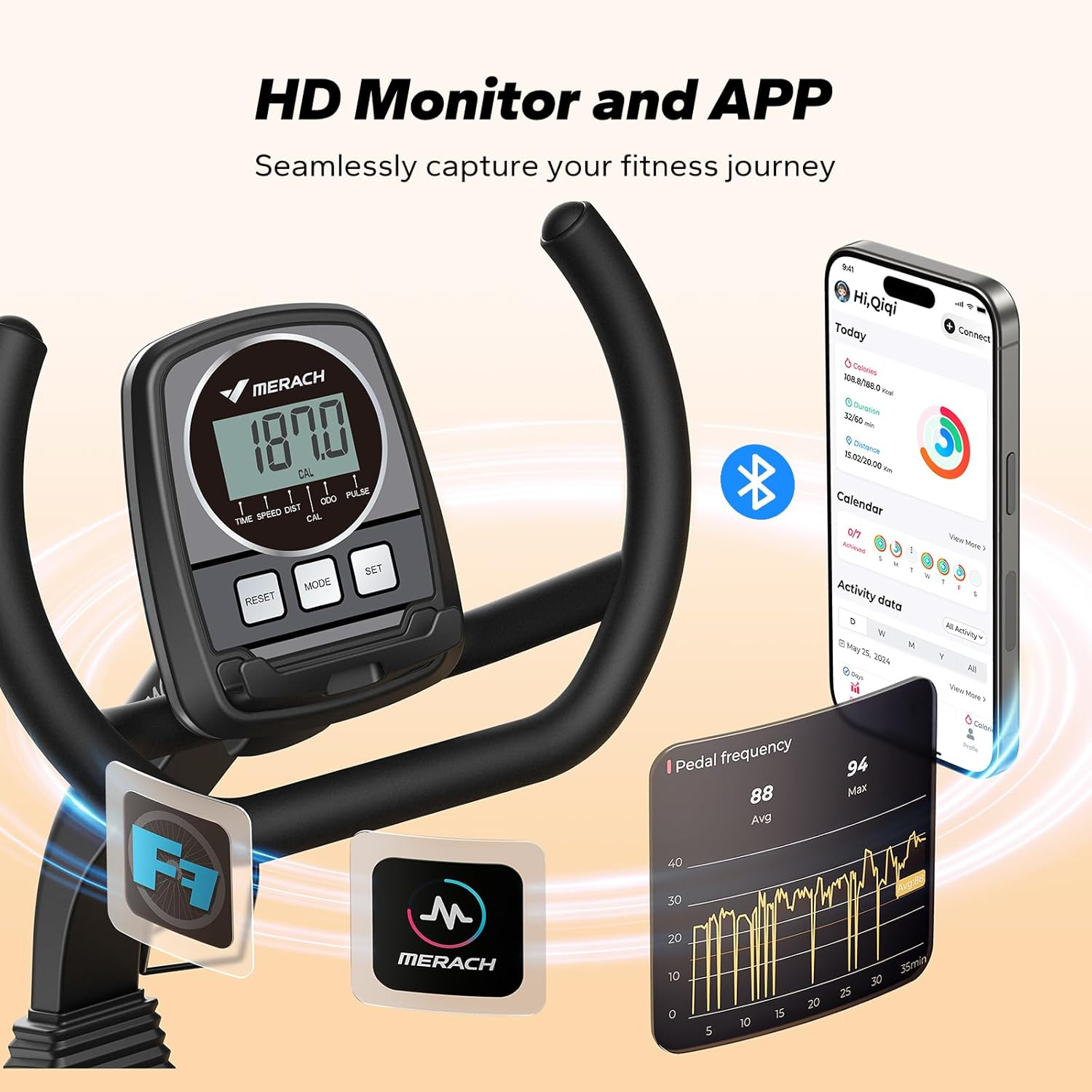 MERACH Recumbent Exercise Bike for Home, Spin Bike Stationary Bike with Smart Bluetooth and Exclusive App Connectivity Stepper, LCD, Heart Rate Handle,Elliptical Cross Trainer Magnetic Recumbent Bikes - Dblack image number 5