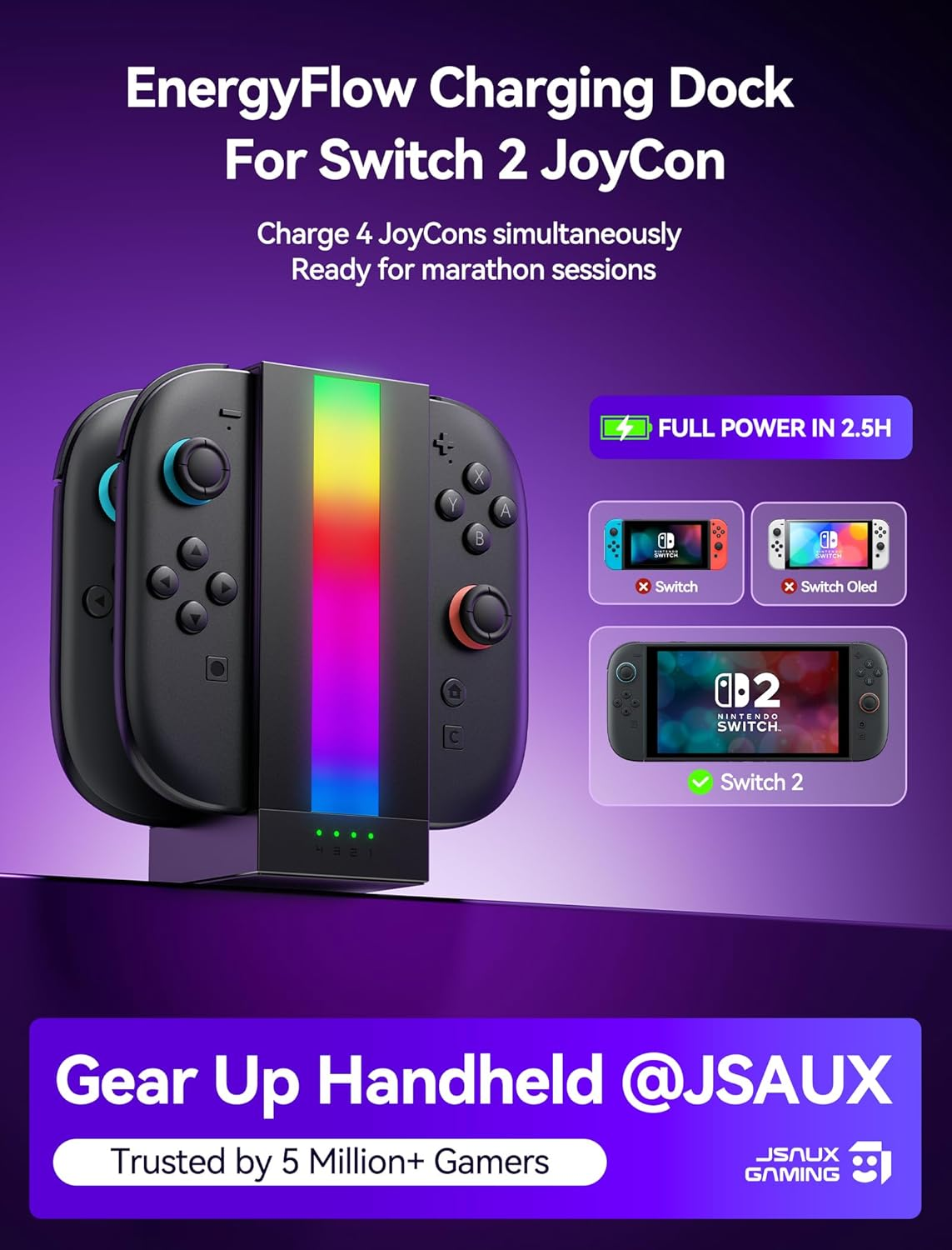 JSAUX Energyflow Charging Dock for Nintendo Switch 2 Joy Con Controllers, 4-In-1 RGB One-Touch Charger Station LED Indicator, Switch2 Joy Con Accessories with 5FT USB C Cable