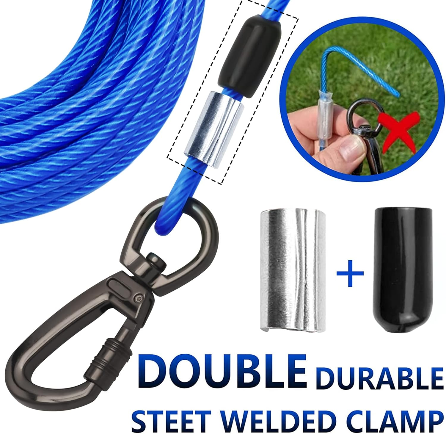 Tie Out Cable with Spring for Dogs - Heavy Duty Dog Leash for Yard & Outdoor Training - 10Ft Blue image number 2