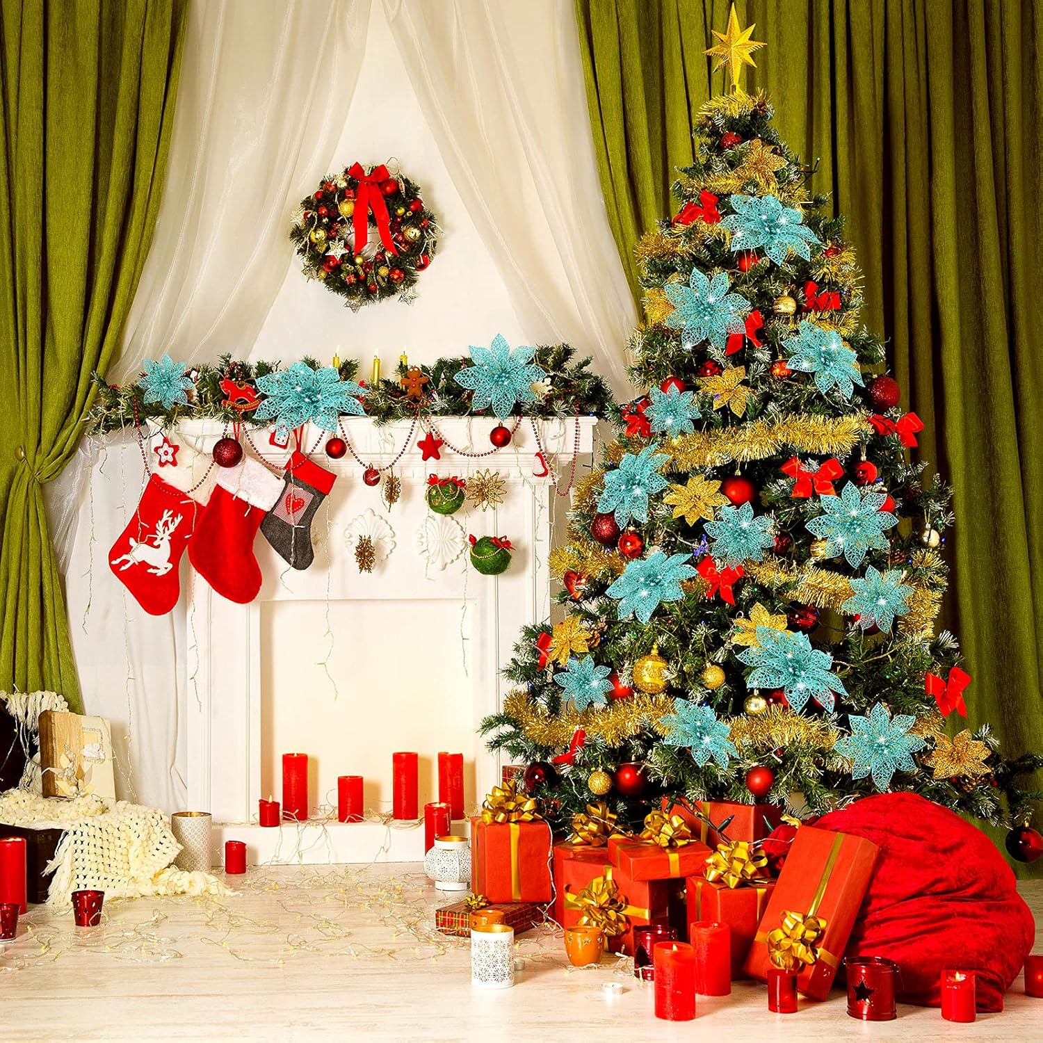 WILLBOND 36 Pieces Christmas Poinsettia Flowers Artificial Ornaments Glitter Christmas Decorations Tree Wedding New Year(Blue-Green) image number 5